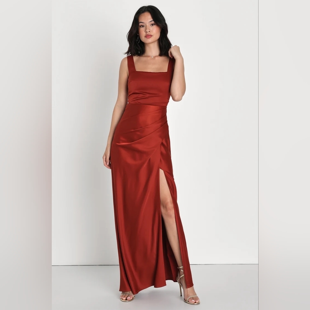 Lulu's Red Carpet Romance Rust Orange Satin Square Neck Maxi Dress L Party